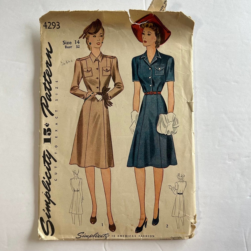 Simplicity‎ Vintage 1940's WWII Era Pattern #4293 Women's Tailored Dress Size 14